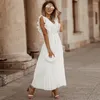 Casual Dresses Temperament Beach Long Fashion Slim Sexy Lotus Leaf Sleeve Chiffon Pleated Kirt Solid Color Dress