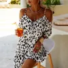 Casual Dresses Plus Size Summer Ladies Suspender Leopard Print Mini Skirt Women Sleeveless V Neck Puff Sleeves Casual Street Dress Robe 221126