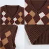 Chandails pour femmes JMPRS Brown Argyle Vintage Pull Cropped Gilet Automne Pull tricoté sans manches Preppy Style Jumper Casual Plaid Knitwear 90S J220915