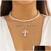 Pendant Necklaces Pearl Cross Jesus Pendant Necklace For Women Wed Bridal Elegant Bead Chain Christian Jewelry Accessories Drop Deli Dhb9H