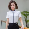 Women's Blouses Formal Uniform Designs 2023 Summer Short Sleeve And Shirts Ladies Office Work Wear Blouse Female Tops Clothes Grey