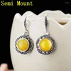 Boucles d'Oreilles Créoles Argent 925 Crochet Art Déco Vintage 10x10mm Cabochon Rond Semi Monture Pour Femme