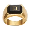 Fashion Luxury Band Black Gemstone Rings Men Lady Brass Engraved Hollow Out F Letter 18K Gold Wide Ring Women Jewelry Gifts FRN --02