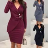 Casual Dresses Elegant Office Lady BodyCon Button långärmad affärsdräkt Midi klänning blazer polyester kvinnor solid lapel tätt höftarbete