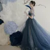 Fancy Evening Dress Ruffled Sleeves Illusion Buttons Back Long Prom Gowns Shining Tulle Fabric