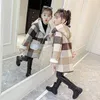 Jackor Girls Autumn Spring Clothes Medium Long Models Girl Windbreaker Plaid Thicked Lamb Fashion Children Woolen tygrockar 221125