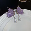 Bengelen oorbellen fyuan Koreaanse paarse vlinder drop water parel voor vrouwelijke sieraden geschenken