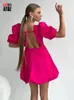 Casual jurken Caton 2759 Fashion Simple Dames Vintage Bubble Sleeve Backless Strap High Taille Aline Dress Femmer Summer Street Jurken 221126