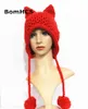 BeanieSkull Caps BomHCS Knit Braided Cat Ears Hat For Women Handmade Knitting Crochet Warmer Beanie Winter Cap 221125