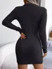 Otoño Invierno Bodycon vestidos casuales de punto para mujer frente ahueca hacia fuera Twist manga larga elegante elasticidad Slim Fit suéter Mini vestido