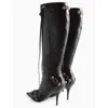 Boots 2022 New Women Women Full zip up Pu Leather High Heel Fashion Buckle Slim Tassel Black Long Kne