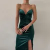 Casual Dresses Velvet Women Dress Solid Strap Midi Ruched High Slit Bodycon Sexy Streetwear Party Elegant 2022 Summer Festival