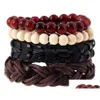 Bracelets de charme Mans Cowe Bracelet en cuir bricolage tissé à la main perles Mtilayer Agate bois perle combinaison costume taille ajustée 4styles / 1S Dh4M3