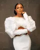 Dubaï Arabe Aso Ebi Blanc Gaine Robes De Bal Longues Pour Les Femmes Perles Illusion Bateau Cou Soirée Formelle Deuxième Réception Anniversaire Robes De Fiançailles Robe