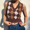 Chandails pour femmes JMPRS Brown Argyle Vintage Pull Cropped Gilet Automne Pull tricoté sans manches Preppy Style Jumper Casual Plaid Knitwear 90S J220915