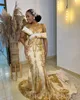 Arabe aso ebi Gold Sirène des robes de bal paillettes en dentelle de lame de lame de la soirée deuxième réception Robes de fiançailles d'anniversaire Robe ZJ888 407