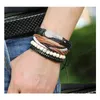 Charm Bracelets Mans Cowe Leather Bracelet Diy Hand Woven Mtilayer Alloy Wings Wood Bead Combination Suit Size Adjusted 4Styles/1Set Dhsyu