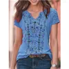 Women's T Shirts Summer Women Fashion Casual V Neck Shirt Vintage Boho Ethnic Floral Print Loose Top Female Lace Patchwork Half Sleeve