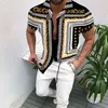 Męskie koszule 2023 Summer Mode Men Men Ostrocie Koszula Slim Grid Stand Okoł Krótki rękaw Golden Chain Printing