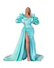 Turquoise Plus La Taille Robes De Bal Manches Longues Pour Les Femmes Sexy Chérie Satin Balayage Train Haut Côté Split Princesse Formelle Soirée Porter Des Robes De Soirée Sur Mesure