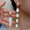 Stud Earrings Y.YING Natural White Shell Carved Leaf Pineapple Asymmetric Dangle Hook