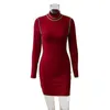 Casual Dresses Women Dress Winter Bodycon Mini Long Sleeve O Neck Streetwear Patchwork Blue Red Wine Sexy Ladies Short Tight