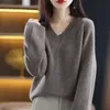 Women's Sweaters RONGYI 100 Wool Women's VNeck Loose Pullover Sweater Thickened Warm AutumnWinter Solid Color Casual Top 221128