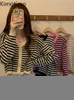 Women's Sweaters Kimotimo Striped Long Sleeve Vest Crop Top Women French Casual Vhals Sweater 2022 Autumn Retro All Match Knitted Vests J220915