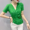 Women's T Shirts Black Green Mesh Shirt Women V-ringar vikar Sexig kortärmad kvinnlig Basic T-shirt Femme Skinny Top Thin Elastic