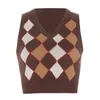 Chandails pour femmes JMPRS Brown Argyle Vintage Pull Cropped Gilet Automne Pull tricoté sans manches Preppy Style Jumper Casual Plaid Knitwear 90S J220915