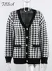 Kvinnors stickor Tees FSDA V Neck Women Button Black Houndstooth Cardigan Långärmad tröja Autumn Winter Knittad Löst överdimensionerad Jumper Casual 221128