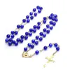 Pendentif Colliers Religieux Résine Bleu Perlé Chapelet Collier Or Jésus Croix Pendentif Prière Bijoux Cadeaux Pour Hommes Femmes Drop Deliv Dhfpa