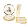 Disposable Dinnerware 85pcs Oh Baby Gold Dot Tableware Set Boy Girl Shower Favors Plates Cups Gender Reveal Kids Birthday Party Decor 221128