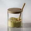 Storage Bottles Salt And Sugar Seasoning Bottle With Spoon Round Tank Japanese Glass Bamboo Wood Cover Combination Set