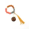 Party Favor Leopard Wood Beads Armband Keychain Women Leather Tassel Wristlet Key Chain for Gift Mama Letters FY2577GC1129
