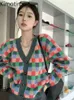 Swetry damskie Kimotimo retro w kratę hit kolorowy kamizelki kamizelki jesienne vhals leniwa luźna kurtka sweter koreańska mody kamizelki streetwearu j220915