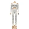 Women's Two Piece Pants Sexy Off Shoulder Women Sets Crop Top Matching Stacked White Tracksuit Fitness Outfits Suits Female Clothing