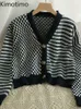 女性のセーターKimotimo Plaid Striped Seater Vest Women 2022 Autumn Single Brethed Knitted Jacket Korean Chic Retro Long Sleeves Cardiagns J220915