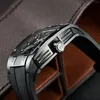 Relojes de pulsera OBLVLO Top Brand Black Sport Watch para hombre Square Skeleton Steel Automatic Mechanical Rubber Strap EM-ST