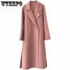 Women's Wool Blends Pink Cashmere Coats Women Medium Long Belt Woolen Coat Loose and Elegant Fashion Outwear Autumn Winter 221129