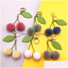 Key Rings Fashion Cherry Key Chain Fluffy Artificial Rabbit Fur Ball Pompom Leaf Keychain Charm Handbag Car Holder Pendant Gift 2022 Dhwkb