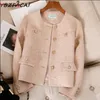 WO French Light Luxury Pink Tweed Women's Fall and Winter White elegancki metalowy guzik o nokół cekin Black Blazer 221129