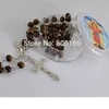 12PCS Random Color Rose Scented Perfume Wood Rosary Beads Inri Jesus Cross Pendant Necklace Catholic Religious Jewelry Christmas Gift