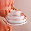 Dinnerware Sets Nordic Marbled Ceramic Dishes Set Creative Mixing Bowl Plate Combination Kitchen Tableware Large Soup Noodle Gift Box