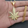 Hänge halsband Hip Hop ised ut Rhinestone Leaf Pendants guldfärg rostfritt stål halsband för kvinnor/män gyllene bling smycken