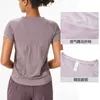 Lulu Damen Yoga Sports Tops Mesh Rücken atmungsmaschige einfache Farbe schnell trockenes Hemd Fitness Freizeitkleidung Frauen Kurzarm Tee T -Shirt