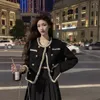 Wo Frühling Vintage Schwarz Zweireiher Tweed Cropped Jacke Frauen Koreanische Langarm Fringe Mantel Elegante Mode Lose Oberbekleidung