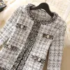 Jaquetas femininas vintage mulheres de lã cortada tweed casaco o-pescoço magro preto branco xadrez curto lã coreana mistura outwear tops chaquetas 221128