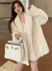 Kobiety FUR FUAX LAUTARO Zima Środkowa długość ciepła, miękka puszysta płaszcz Kobiet Lapel Long Sleeve Luźnik swobodny w stylu koreański 221128