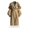 Women's Trench Coats SuperAen Korean Long Coat 2022 Lapel Sleeve Ruffled Stitching Adjustable Waist For Women